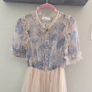 CHICWISH Women Gradient Pleated Mesh Tulle Midi Dress Ruffle Short Sleeve S/M